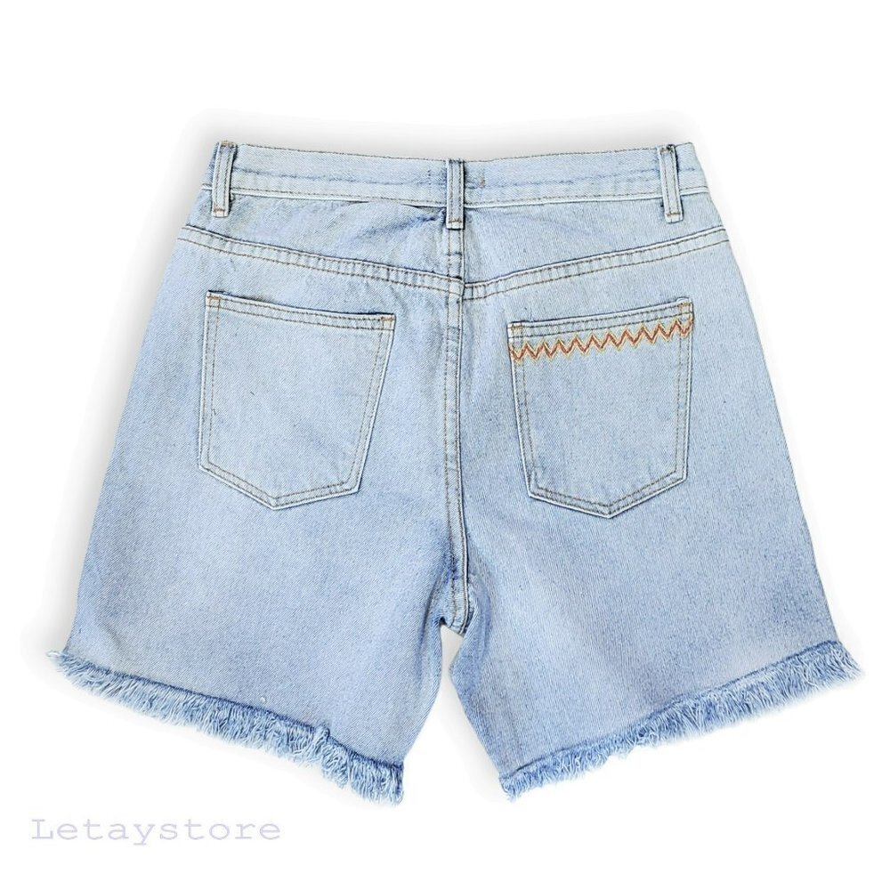 NWT POL High Rise Embroidered Distressed Fringed Rae Hem Denim Shorts - Picture 7 of 10